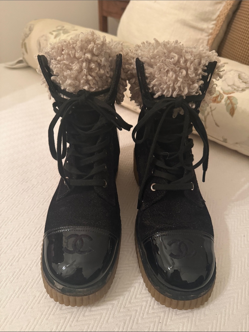 CHANEL Black Lace-Up Shearling Cuff Boots with Brown Sole